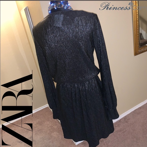 🆕 Zara Black Metallic Surplice Mini Dress Sz M - Picture 5 of 8